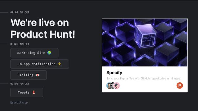 We're live on
Product Hunt!
Specify
Sync your Figma files with GitHub repositories in minutes.
