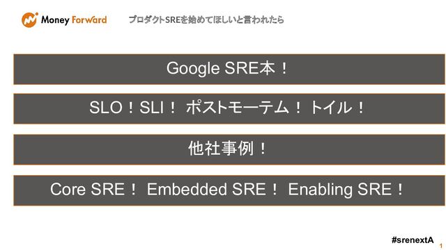 プロダクトSREを始めてほしいと言われたら
1
#srenextA
Google SRE本！
SLO！SLI！ ポストモーテム！ トイル！
他社事例！
Core SRE！ Embedded SRE！ Enabling SRE！
