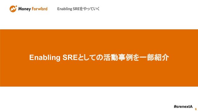 Enabling SREをやっていく
6
- Embedded SRE
- Enabling SRE
#srenextA
Enabling SREとしての活動事例を一部紹介
