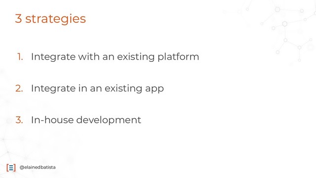@elainedbatista
3 strategies
1. Integrate with an existing platform
2. Integrate in an existing app
3. In-house development
