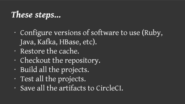 These steps...
∙ Configure versions of software to use (Ruby,
Java, Kafka, HBase, etc).
∙ Restore the cache.
∙ Checkout the repository.
∙ Build all the projects.
∙ Test all the projects.
∙ Save all the artifacts to CircleCI.
