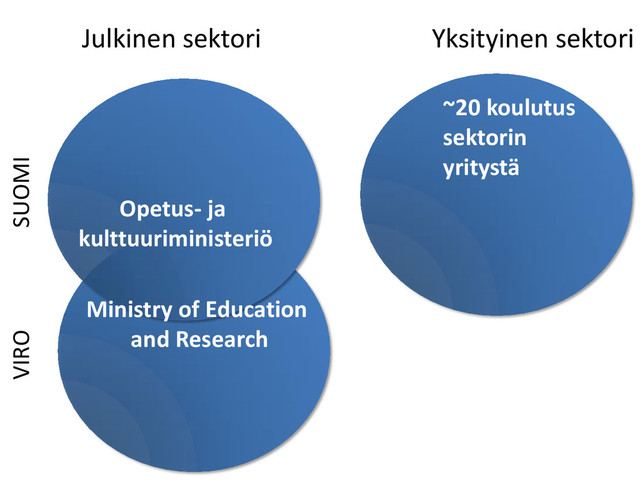 Opetus- ja
kulttuuriministeriö
SUOMI
VIRO
Ministry of Education
and Research
Julkinen sektori
~20 koulutus
sektorin
yritystä
Yksityinen sektori

