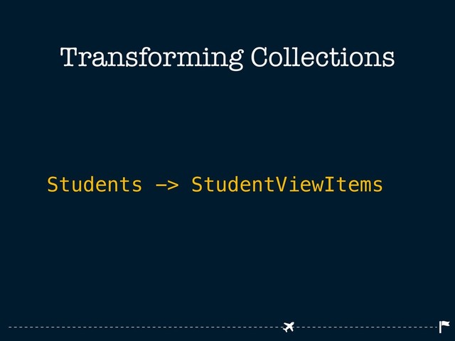 Transforming Collections
Students -> StudentViewItems
