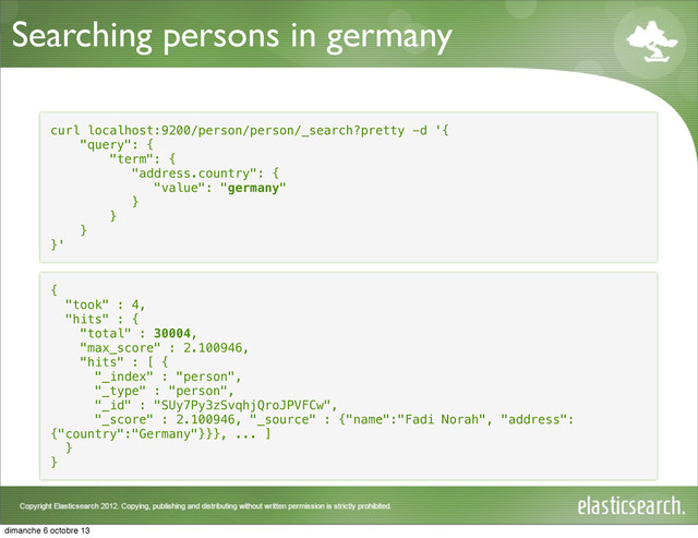 Searching persons in germany
curl localhost:9200/person/person/_search?pretty -d '{
"query": {
"term": {
"address.country": {
"value": "germany"
}
}
}
}'
{
"took" : 4,
"hits" : {
"total" : 30004,
"max_score" : 2.100946,
"hits" : [ {
"_index" : "person",
"_type" : "person",
"_id" : "SUy7Py3zSvqhjQroJPVFCw",
"_score" : 2.100946, "_source" : {"name":"Fadi Norah", "address":
{"country":"Germany"}}}, ... ]
}
}
dimanche 6 octobre 13
