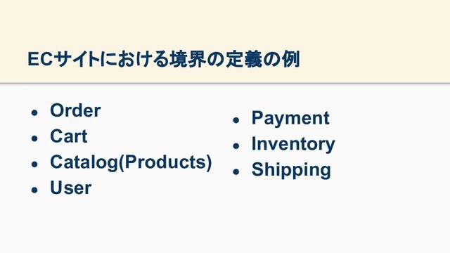 ECサイトにおける境界の定義の例
● Order
● Cart
● Catalog(Products)
● User
● Payment
● Inventory
● Shipping
