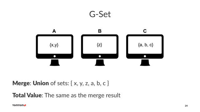 G-Set
Merge: Union of sets: { x, y, z, a, b, c }
Total Value: The same as the merge result
24
