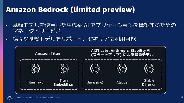 © 2023, Amazon Web Services, Inc. or its affiliates. All rights reserved.
Amazon Bedrock (limited preview)
• 基盤モデルを使⽤した⽣成系 AI アプリケーションを構築するための
マネージドサービス
• 様々な基盤モデルをサポート、セキュアに利⽤可能
46
Titan Text
Titan
Embeddings
Amazon Titan
AI21 Labs, Anthropic, Stability AI
(スタートアップ) による基盤モデル
Jurassic-2 Claude
Stable
Diffusion
