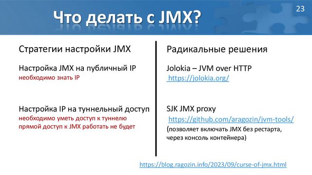 Что делать с JMX?
Стратегии настройки JMX
Настройка JMX на публичный IP
необходимо знать IP
Настройка IP на туннельный доступ
необходимо уметь доступ к туннелю
прямой доступ к JMX работать не будет
https://blog.ragozin.info/2023/09/curse-of-jmx.html
Радикальные решения
Jolokia – JVM over HTTP
https://jolokia.org/
SJK JMX proxy
https://github.com/aragozin/jvm-tools/
(позволяет включать JMX без рестарта,
через консоль контейнера)
23
