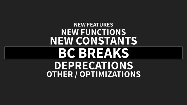 BC BREAKS
DEPRECATIONS
OTHER / OPTIMIZATIONS
NEW CONSTANTS
NEW FUNCTIONS
NEW FEATURES
