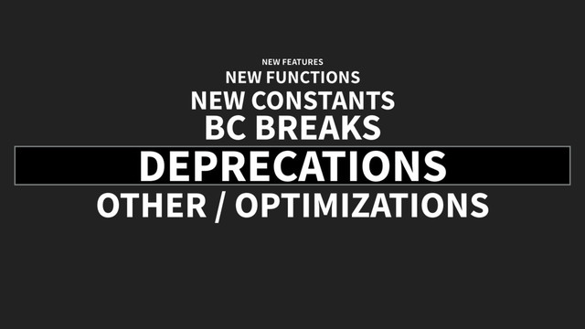 DEPRECATIONS
OTHER / OPTIMIZATIONS
BC BREAKS
NEW CONSTANTS
NEW FUNCTIONS
NEW FEATURES

