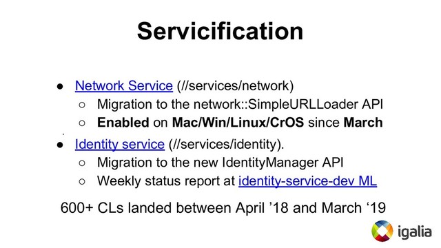 Servicification
● Network Service (//services/network)
○ Migration to the network::SimpleURLLoader API
○ Enabled on Mac/Win/Linux/CrOS since March
●
● Identity service (//services/identity).
○ Migration to the new IdentityManager API
○ Weekly status report at identity-service-dev ML
600+ CLs landed between April ’18 and March ‘19
