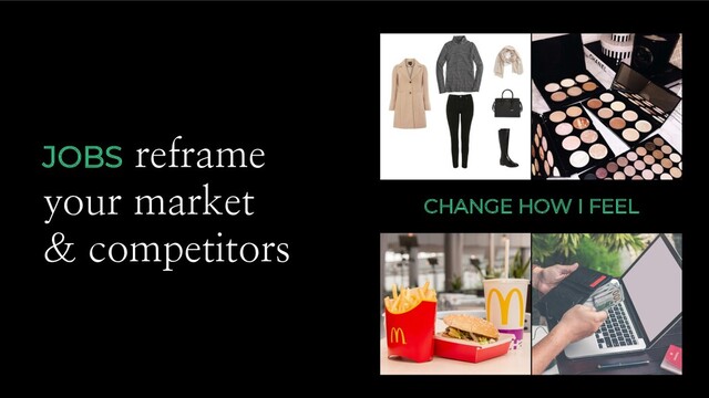 JOBS reframe
your market
& competitors
CHANGE HOW I FEEL
