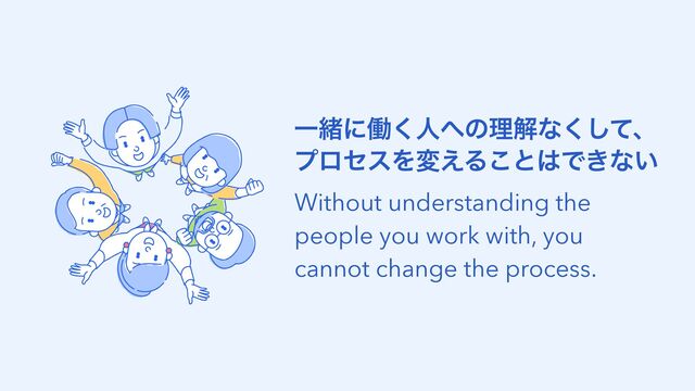 Ұॹʹಇ͘ਓ΁ͷཧղͳͯ͘͠ɺ
ϓϩηεΛม͑Δ͜ͱ͸Ͱ͖ͳ͍
Without understanding the
people you work with, you
cannot change the process.
