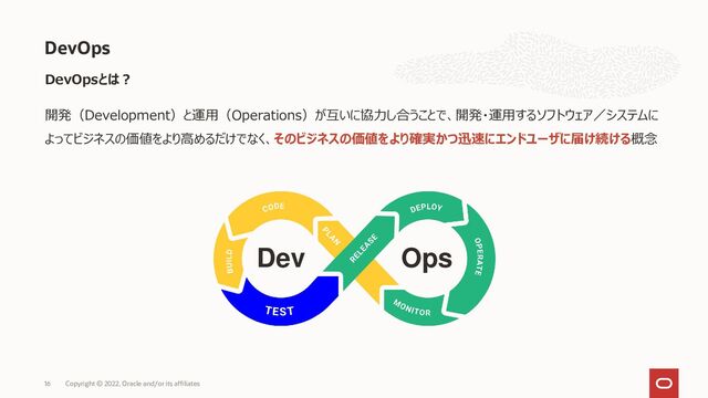 DevOps
Copyright © 2022, Oracle and/or its affiliates
16
DevOpsとは？
開発（Development）と運用（Operations）が互いに協力し合うことで、開発・運用するソフトウェア／システムに
よってビジネスの価値をより高めるだけでなく、そのビジネスの価値をより確実かつ迅速にエンドユーザに届け続ける概念
Dev Ops

