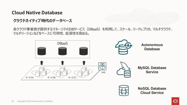 86 Copyright © 2022, Oracle and/or its affiliates
Cloud Native Database
クラウドネイティブ時代のデータベース
OKE
サービスA サービスB サービスC
各クラウド事業者が提供するマネージドのDBサービス（DBaaS）を利用して、スケール、リードレプリカ、マルチクラウド、
マルチリージョンなどをベースに可用性、拡張性を高める。
DBaaS Autonomous
Database
MySQL Database
Service
NoSQL Database
Cloud Service
