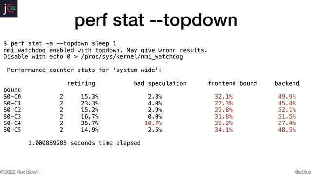@alblue
22
©2022 Alex Blewitt
perf stat --topdown
$ perf stat -a --topdown sleep 1


nmi_watchdog enabled with topdown. May give wrong results.


Disable with echo 0 > /proc/sys/kernel/nmi_watchdog


Performance counter stats for 'system wide':


retiring bad speculation frontend bound backend
bound


S0-C0 2 15.3% 2.8% 32.1% 49.9%
S0-C1 2 23.3% 4.0% 27.3% 45.4%
S0-C2 2 15.2% 2.9% 29.8% 52.1%
S0-C3 2 16.7% 0.0% 31.8% 51.5%
S0-C4 2 35.7% 10.7% 26.2% 27.4%
S0-C5 2 14.9% 2.5% 34.1% 48.5%
1.000889285 seconds time elapsed


