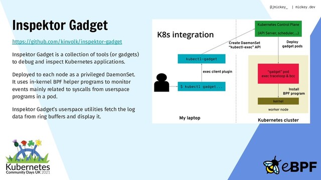 Inspektor Gadget
https://github.com/kinvolk/inspektor-gadget
Inspektor Gadget is a collection of tools (or gadgets)
to debug and inspect Kubernetes applications.
Deployed to each node as a privileged DaemonSet.
It uses in-kernel BPF helper programs to monitor
events mainly related to syscalls from userspace
programs in a pod.
Inspektor Gadget’s userspace utilities fetch the log
data from ring buffers and display it.
