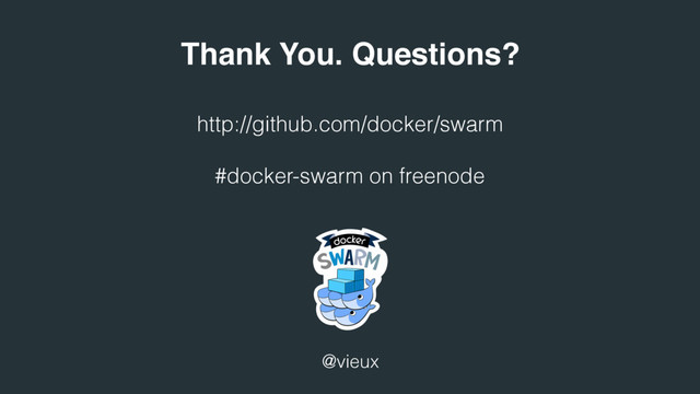 http://github.com/docker/swarm
#docker-swarm on freenode
@vieux
Thank You. Questions?
