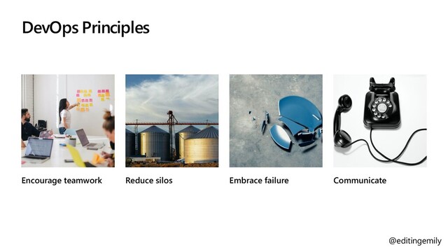 @editingemily
DevOps Principles
Encourage teamwork Reduce silos Embrace failure Communicate
