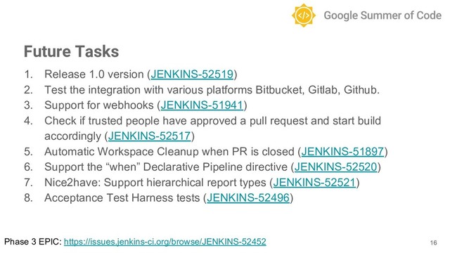 1. Release 1.0 version (JENKINS-52519)
2. Test the integration with various platforms Bitbucket, Gitlab, Github.
3. Support for webhooks (JENKINS-51941)
4. Check if trusted people have approved a pull request and start build
accordingly (JENKINS-52517)
5. Automatic Workspace Cleanup when PR is closed (JENKINS-51897)
6. Support the “when” Declarative Pipeline directive (JENKINS-52520)
7. Nice2have: Support hierarchical report types (JENKINS-52521)
8. Acceptance Test Harness tests (JENKINS-52496)
16
Future Tasks
Phase 3 EPIC: https://issues.jenkins-ci.org/browse/JENKINS-52452
