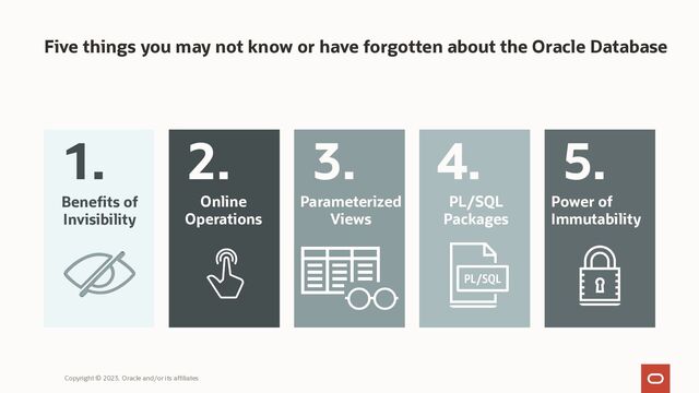 Five things you may not know or have forgotten about the Oracle Database
3.
Parameterized
Views
2.
Online
Operations
5.
Power of
Immutability
4.
PL/SQL
Packages
1.
Benefits of
Invisibility
Copyright © 2023, Oracle and/or its affiliates
