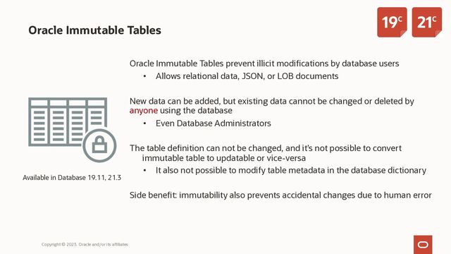 Oracle Immutable Tables
Oracle Immutable Tables prevent illicit modifications by database users
• Allows relational data, JSON, or LOB documents
New data can be added, but existing data cannot be changed or deleted by
anyone using the database
• Even Database Administrators
The table definition can not be changed, and it’s not possible to convert
immutable table to updatable or vice-versa
• It also not possible to modify table metadata in the database dictionary
Side benefit: immutability also prevents accidental changes due to human error
Copyright © 2023, Oracle and/or its affiliates
Available in Database 19.11, 21.3
