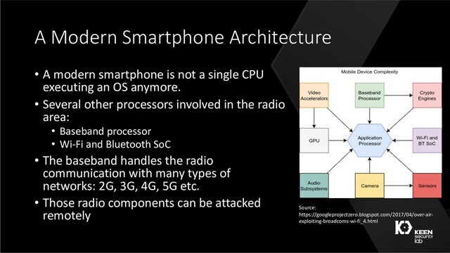 A Modern Smartphone Architecture
• A modern smartphone is not a single CPU
executing an OS anymore.
• Several other processors involved in the radio
area:
• Baseband processor
• Wi-Fi and Bluetooth SoC
• The baseband handles the radio
communication with many types of
networks: 2G, 3G, 4G, 5G etc.
• Those radio components can be attacked
remotely Source:
https://googleprojectzero.blogspot.com/2017/04/over-air-
exploiting-broadcoms-wi-fi_4.html
