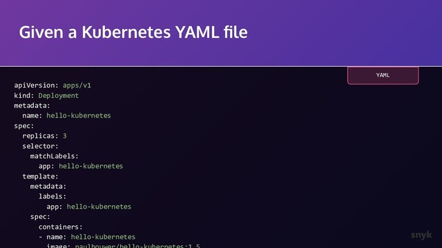 Given a Kubernetes YAML ﬁle
apiVersion: apps/v1
kind: Deployment
metadata:
name: hello-kubernetes
spec:
replicas: 3
selector:
matchLabels:
app: hello-kubernetes
template:
metadata:
labels:
app: hello-kubernetes
spec:
containers:
- name: hello-kubernetes
YAML

