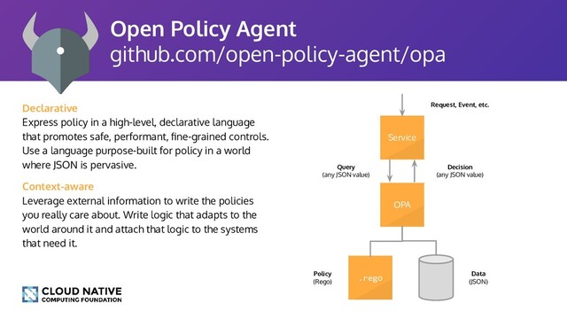 Open Policy Agent
github.com/open-policy-agent/opa
Service
OPA
.rego
Query
(any JSON value)
Decision
(any JSON value)
Data
(JSON)
Policy
(Rego)
Request, Event, etc.
Declarative
Express policy in a high-level, declarative language
that promotes safe, performant, ﬁne-grained controls.
Use a language purpose-built for policy in a world
where JSON is pervasive.
Context-aware
Leverage external information to write the policies
you really care about. Write logic that adapts to the
world around it and attach that logic to the systems
that need it.
