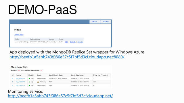 DEMO-PaaS
Monitoring service:
http://beefb1a5abb743f086e57c5f7bf5d3cf.cloudapp.net/
App deployed with the MongoDB Replica Set wrapper for Windows Azure
http://beefb1a5abb743f086e57c5f7bf5d3cf.cloudapp.net:8080/
