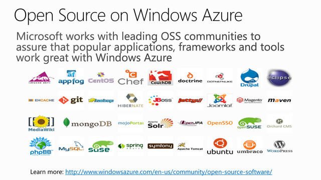 Open Source on Windows Azure
Learn more: http://www.windowsazure.com/en-us/community/open-source-software/
