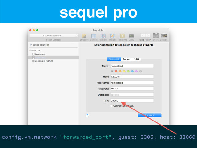 sequel pro
config.vm.network "forwarded_port", guest: 3306, host: 33060
