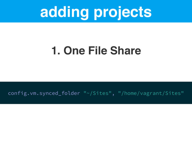 adding projects
1. One File Share
config.vm.synced_folder "~/Sites", "/home/vagrant/Sites"
