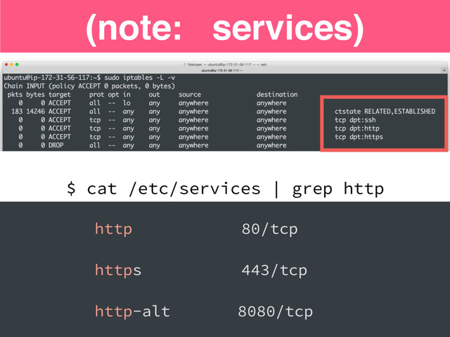 (note: services)
$ cat /etc/services | grep http
http 80/tcp
https 443/tcp
http-alt 8080/tcp

