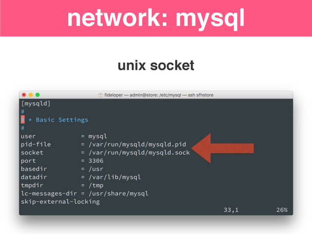 network: mysql
unix socket

