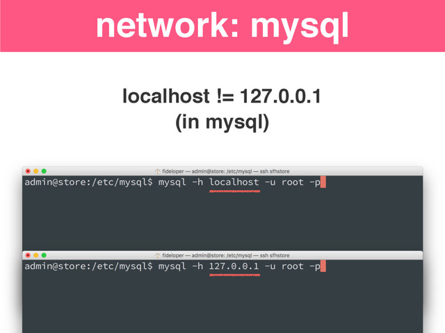 localhost != 127.0.0.1
(in mysql)
network: mysql
