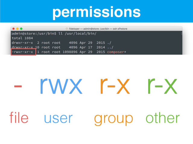 - rwx r-x r-x
ﬁle user group other
permissions
