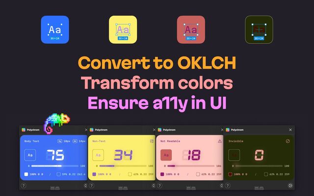 Convert to OKLCH
Transform colors
Ensure a11y in UI
Body Text Rg 18px Bd 14px
Aa
75
0 108
100% 0 0 59% 0.22 262.6
Polychrom
Non-Text
Aa
34
0 108
100% 0 0 62% 0.22 259
Polychrom
Not Readable
Aa
18
0 106
100% 0 0 62% 0.22 259
Polychrom
Invisible
Aa
0
0 108
100% 0 0 62% 0.22 259
Polychrom
