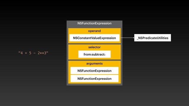 NSFunctionExpression
selector
_NSPredicateUtilities
from:subtract:
arguments
NSFunctionExpression
NSFunctionExpression
operand
NSConstantValueExpression
"4 + 5 - 2**3"

