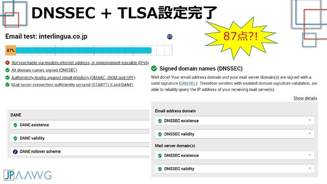 DNSSEC + TLSA設定完了
87点?!
