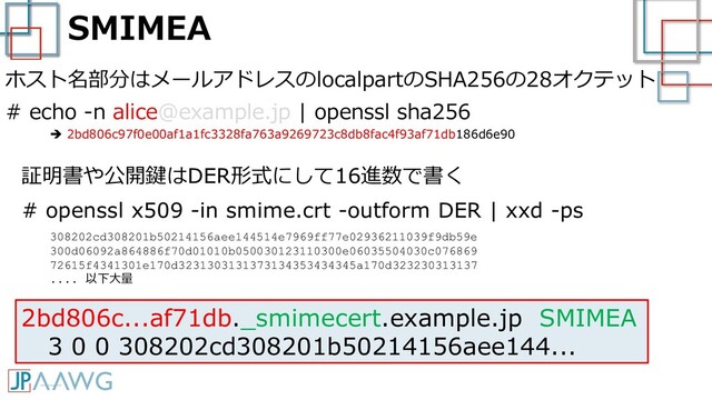 SMIMEA
ホスト名部分はメールアドレスのlocalpartのSHA256の28オクテット
# echo -n alice@example.jp | openssl sha256
2bd806c...af71db._smimecert.example.jp SMIMEA
3 0 0 308202cd308201b50214156aee144...
➔ 2bd806c97f0e00af1a1fc3328fa763a9269723c8db8fac4f93af71db186d6e90
証明書や公開鍵はDER形式にして16進数で書く
# openssl x509 -in smime.crt -outform DER | xxd -ps
308202cd308201b50214156aee144514e7969ff77e02936211039f9db59e
300d06092a864886f70d01010b050030123110300e06035504030c076869
72615f4341301e170d3231303131373134353434345a170d323230313137
.... 以下大量
