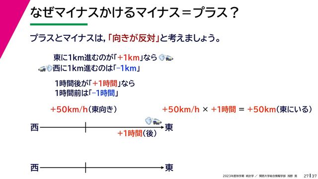 37
2023年度秋学期　統計学 ／　関西大学総合情報学部　浅野　晃
なぜマイナスかけるマイナス＝プラス？
27
プラスとマイナスは，「向きが反対」と考えましょう。
東に1km進むのが「+1km」なら
🚅🚅💨💨
🚅🚅💨💨西に1km進むのは「–1km」
1時間後が「+1時間」なら
1時間前は「–1時間」
東
西
🚅🚅💨💨
+50km/h（東向き）
+1時間（後）
+50km/h × +1時間 = +50km（東にいる）
東
西
