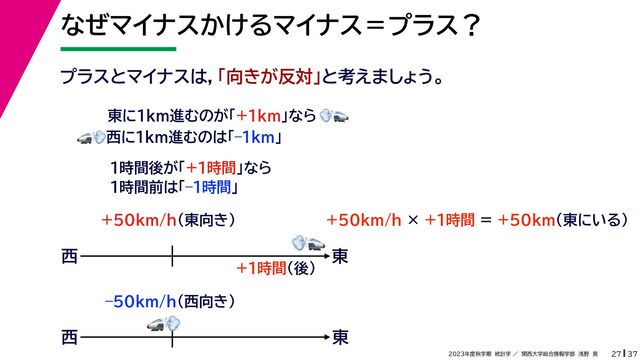 37
2023年度秋学期　統計学 ／　関西大学総合情報学部　浅野　晃
なぜマイナスかけるマイナス＝プラス？
27
プラスとマイナスは，「向きが反対」と考えましょう。
東に1km進むのが「+1km」なら
🚅🚅💨💨
🚅🚅💨💨西に1km進むのは「–1km」
1時間後が「+1時間」なら
1時間前は「–1時間」
東
西
🚅🚅💨💨
+50km/h（東向き）
+1時間（後）
+50km/h × +1時間 = +50km（東にいる）
東
西
🚅🚅💨💨
–50km/h（西向き）

