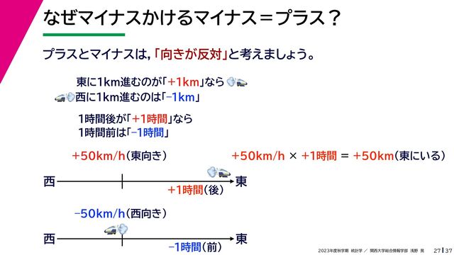 37
2023年度秋学期　統計学 ／　関西大学総合情報学部　浅野　晃
なぜマイナスかけるマイナス＝プラス？
27
プラスとマイナスは，「向きが反対」と考えましょう。
東に1km進むのが「+1km」なら
🚅🚅💨💨
🚅🚅💨💨西に1km進むのは「–1km」
1時間後が「+1時間」なら
1時間前は「–1時間」
東
西
🚅🚅💨💨
+50km/h（東向き）
+1時間（後）
+50km/h × +1時間 = +50km（東にいる）
東
西
🚅🚅💨💨
–50km/h（西向き）
–1時間（前）
