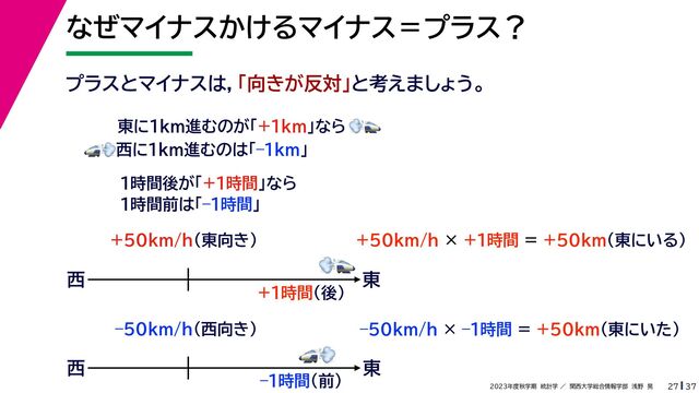 37
2023年度秋学期　統計学 ／　関西大学総合情報学部　浅野　晃
なぜマイナスかけるマイナス＝プラス？
27
プラスとマイナスは，「向きが反対」と考えましょう。
東に1km進むのが「+1km」なら
🚅🚅💨💨
🚅🚅💨💨西に1km進むのは「–1km」
1時間後が「+1時間」なら
1時間前は「–1時間」
東
西
🚅🚅💨💨
+50km/h（東向き）
+1時間（後）
+50km/h × +1時間 = +50km（東にいる）
東
西
🚅🚅💨💨
–50km/h（西向き）
–1時間（前）
–50km/h × –1時間 = +50km（東にいた）
