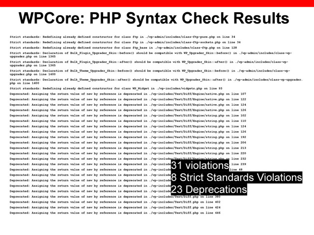 WPCore: PHP Syntax Check Results
Strict standards: Redefining already defined constructor for class ftp in ./wp-admin/includes/class-ftp-pure.php on line 34
Strict standards: Redefining already defined constructor for class ftp in ./wp-admin/includes/class-ftp-sockets.php on line 34
Strict standards: Redefining already defined constructor for class ftp_base in ./wp-admin/includes/class-ftp.php on line 128
Strict standards: Declaration of Bulk_Plugin_Upgrader_Skin::before() should be compatible with WP_Upgrader_Skin::before() in ./wp-admin/includes/class-wp-
upgrader.php on line 1365
Strict standards: Declaration of Bulk_Plugin_Upgrader_Skin::after() should be compatible with WP_Upgrader_Skin::after() in ./wp-admin/includes/class-wp-
upgrader.php on line 1365
Strict standards: Declaration of Bulk_Theme_Upgrader_Skin::before() should be compatible with WP_Upgrader_Skin::before() in ./wp-admin/includes/class-wp-
upgrader.php on line 1400
Strict standards: Declaration of Bulk_Theme_Upgrader_Skin::after() should be compatible with WP_Upgrader_Skin::after() in ./wp-admin/includes/class-wp-upgrader.
php on line 1400
Strict standards: Redefining already defined constructor for class WP_Widget in ./wp-includes/widgets.php on line 93
Deprecated: Assigning the return value of new by reference is deprecated in ./wp-includes/Text/Diff/Engine/native.php on line 107
Deprecated: Assigning the return value of new by reference is deprecated in ./wp-includes/Text/Diff/Engine/native.php on line 122
Deprecated: Assigning the return value of new by reference is deprecated in ./wp-includes/Text/Diff/Engine/native.php on line 124
Deprecated: Assigning the return value of new by reference is deprecated in ./wp-includes/Text/Diff/Engine/native.php on line 126
Deprecated: Assigning the return value of new by reference is deprecated in ./wp-includes/Text/Diff/Engine/string.php on line 102
Deprecated: Assigning the return value of new by reference is deprecated in ./wp-includes/Text/Diff/Engine/string.php on line 110
Deprecated: Assigning the return value of new by reference is deprecated in ./wp-includes/Text/Diff/Engine/string.php on line 124
Deprecated: Assigning the return value of new by reference is deprecated in ./wp-includes/Text/Diff/Engine/string.php on line 126
Deprecated: Assigning the return value of new by reference is deprecated in ./wp-includes/Text/Diff/Engine/string.php on line 192
Deprecated: Assigning the return value of new by reference is deprecated in ./wp-includes/Text/Diff/Engine/string.php on line 206
Deprecated: Assigning the return value of new by reference is deprecated in ./wp-includes/Text/Diff/Engine/string.php on line 213
Deprecated: Assigning the return value of new by reference is deprecated in ./wp-includes/Text/Diff/Engine/string.php on line 220
Deprecated: Assigning the return value of new by reference is deprecated in ./wp-includes/Text/Diff/Engine/string.php on line 232
Deprecated: Assigning the return value of new by reference is deprecated in ./wp-includes/Text/Diff/Engine/string.php on line 239
Deprecated: Assigning the return value of new by reference is deprecated in ./wp-includes/Text/Diff/Engine/xdiff.php on line 48
Deprecated: Assigning the return value of new by reference is deprecated in ./wp-includes/Text/Diff/Engine/xdiff.php on line 52
Deprecated: Assigning the return value of new by reference is deprecated in ./wp-includes/Text/Diff/Engine/xdiff.php on line 56
Deprecated: Assigning the return value of new by reference is deprecated in ./wp-includes/Text/Diff/Renderer.php on line 101
Deprecated: Assigning the return value of new by reference is deprecated in ./wp-includes/Text/Diff/Renderer.php on line 121
Deprecated: Assigning the return value of new by reference is deprecated in ./wp-includes/Text/Diff.php on line 380
Deprecated: Assigning the return value of new by reference is deprecated in ./wp-includes/Text/Diff.php on line 402
Deprecated: Assigning the return value of new by reference is deprecated in ./wp-includes/Text/Diff.php on line 424
Deprecated: Assigning the return value of new by reference is deprecated in ./wp-includes/Text/Diff.php on line 446
31 violations
8 Strict Standards Violations
23 Deprecations

