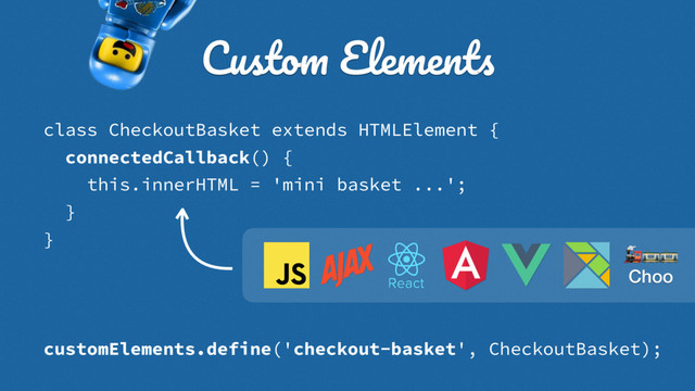 class CheckoutBasket extends HTMLElement {
connectedCallback() {
this.innerHTML = 'mini basket ...'; 
} 
} 
customElements.define('checkout-basket', CheckoutBasket);
Custom Elements
!""
Choo
