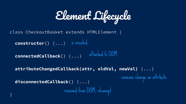 Element Lifecycle
class CheckoutBasket extends HTMLElement {
constructor() {...} 
connectedCallback() {...} 
attributeChangedCallback(attr, oldVal, newVal) {...} 
disconnectedCallback() {...} 
}
is created
attached to DOM
removed from DOM, cleanup!
someone change an attribute
