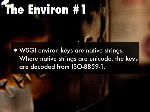 The Environ #1
•WSGI environ keys are native strings.
Where native strings are unicode, the keys
are decoded from ISO-8859-1.

