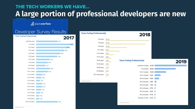 A large portion of professional developers are new
THE TECH WORKERS WE HAVE…
2017
2018
2019
